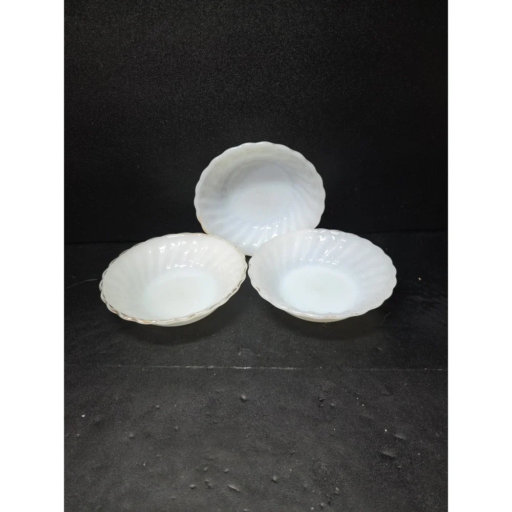 Anchor Hocking Milk Glass Berry Bowls, White Golden Shell Design, Set of 3 Bowls